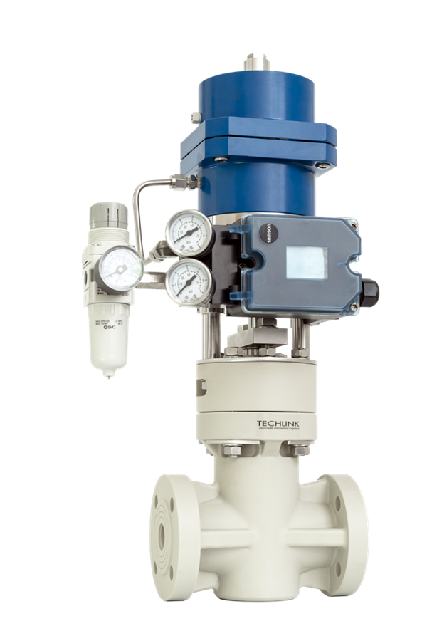 Non-metallic polymer bellow sealed globe type control valve Series N from Techlink, high precision, reliable, resistant to corrosion, more resistant to errosion than metallic valves. The best choice of control valve for highly corrosive fluids and safety assurance.